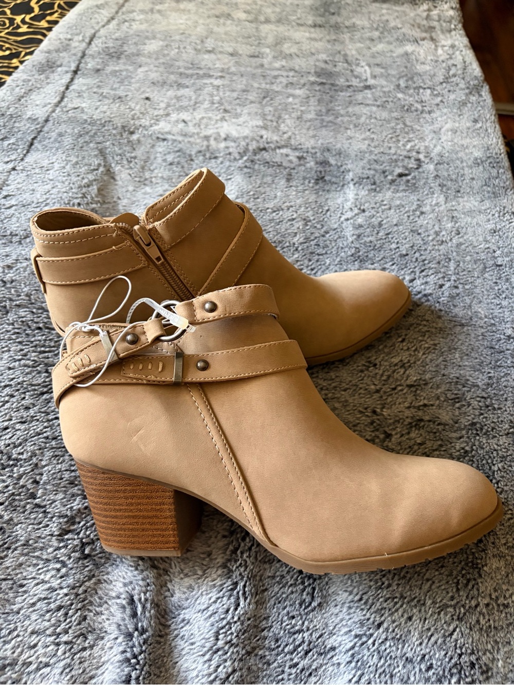 Indigo Tan Ankle Booties with Stacked Heel and Strap Detail